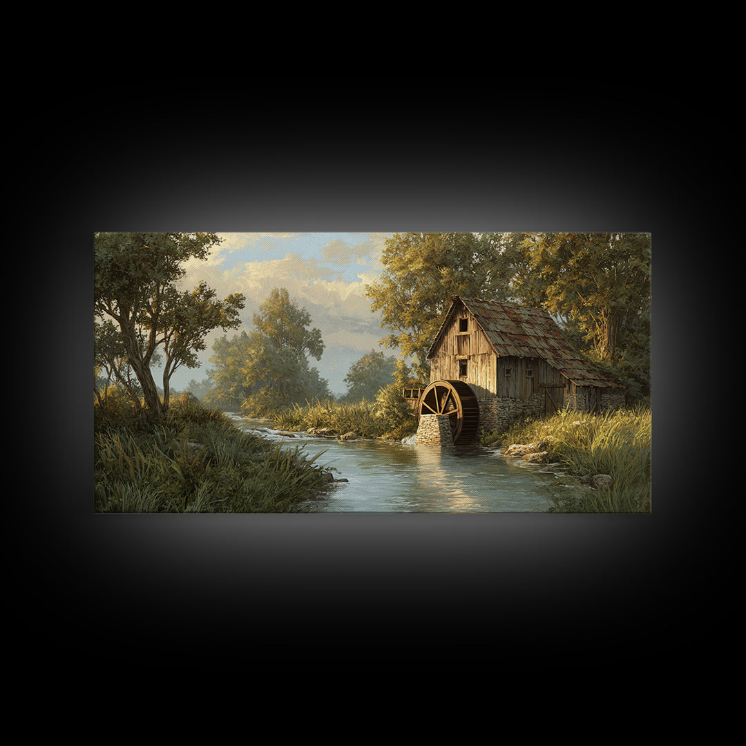 Rustic Watermill On River Landscape Oil Painting Canvas Print Wall Art For Cozy Farmhouse Home Decor