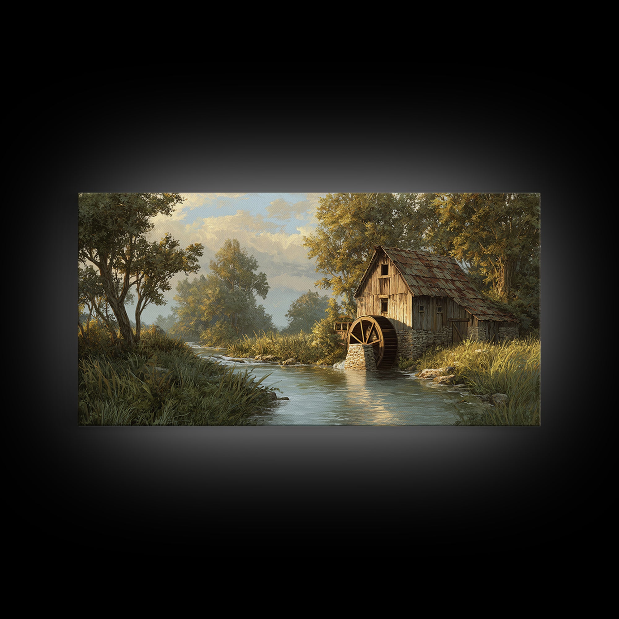 Rustic Watermill On River Landscape Oil Painting Canvas Print Wall Art For Cozy Farmhouse Home Decor
