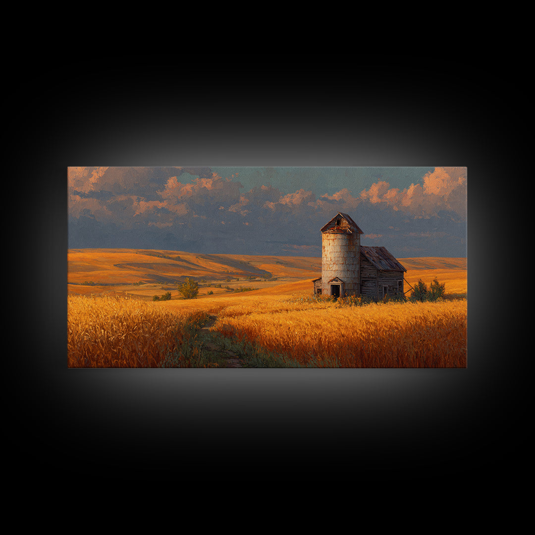 Rustic Barn In Golden Wheat Field Landscape Painting Beautiful Country Scene Wall Art Framed Canvas Print For Farmhouse Decor