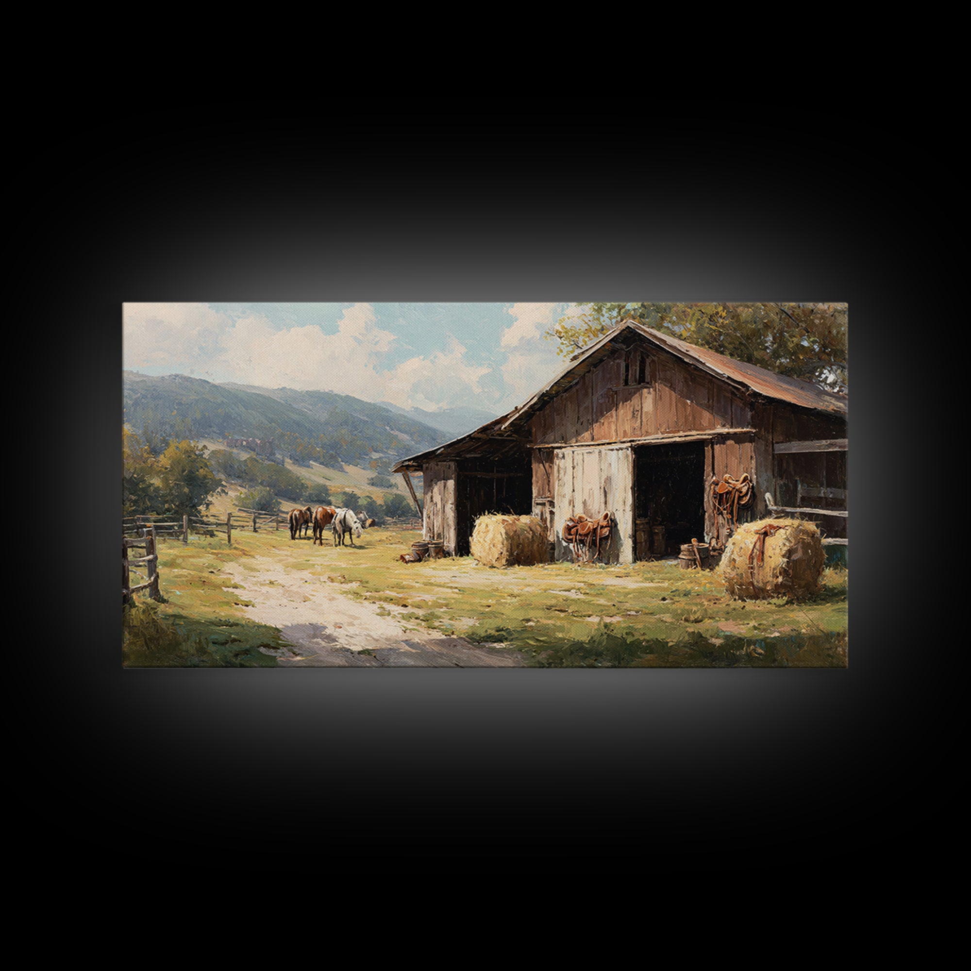 Rustic Western Hay Bales And Horses In Countryside Oil Painting Canvas Print For Farmhouse Wall Art And Country Home Decor