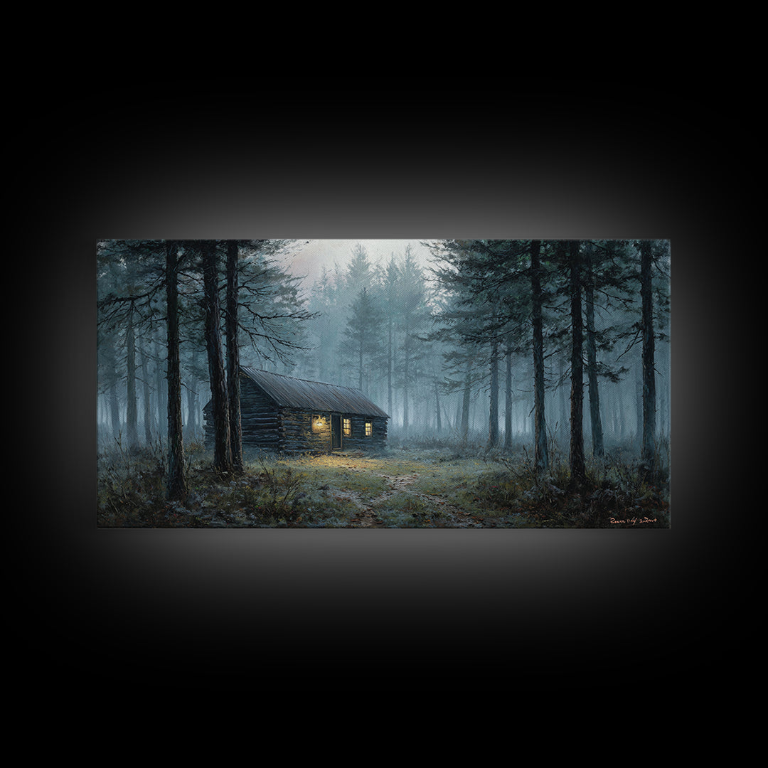 Misty Forest Cabin Landscape Wall Art Framed Canvas Print Cozy Rustic Home Decor Nature Painting