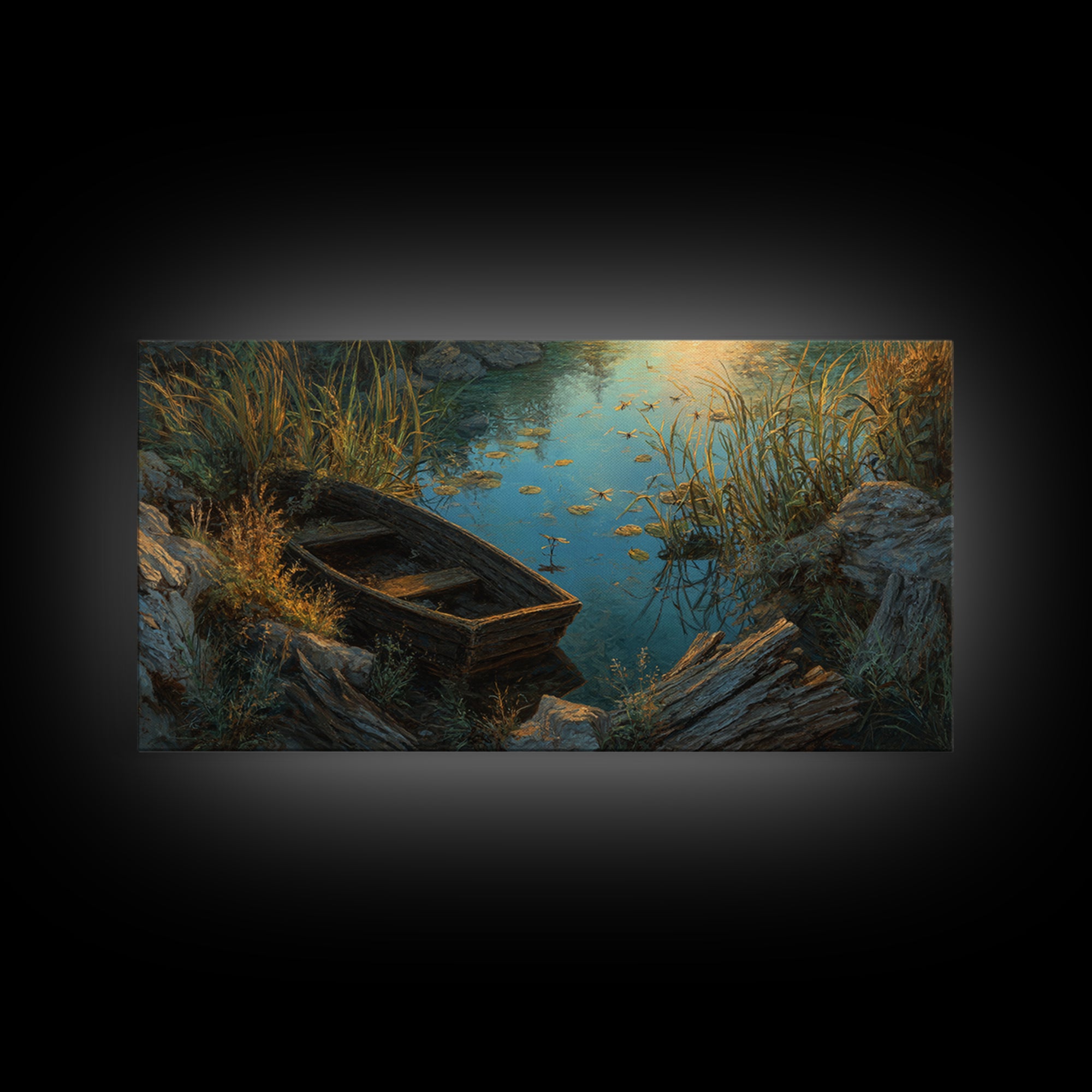 Rustic Oil Painting Capturing Quiet Lakeside With Old Wooden Boat Among Calm Water And Rocks Serene Nature Wall Art For Home Decor Framed Canvas Print