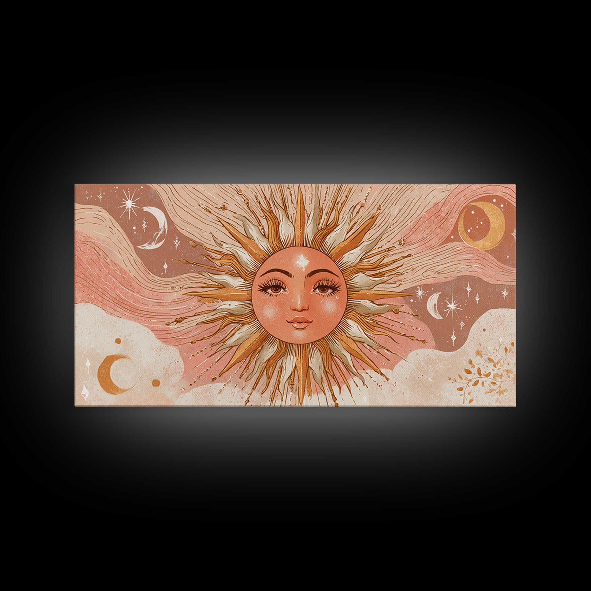Boho Sun Face Wall Art, Celestial Moon And Stars Illustration, Terracotta Mystical Decor, Whimsical Nursery Art Print Gift