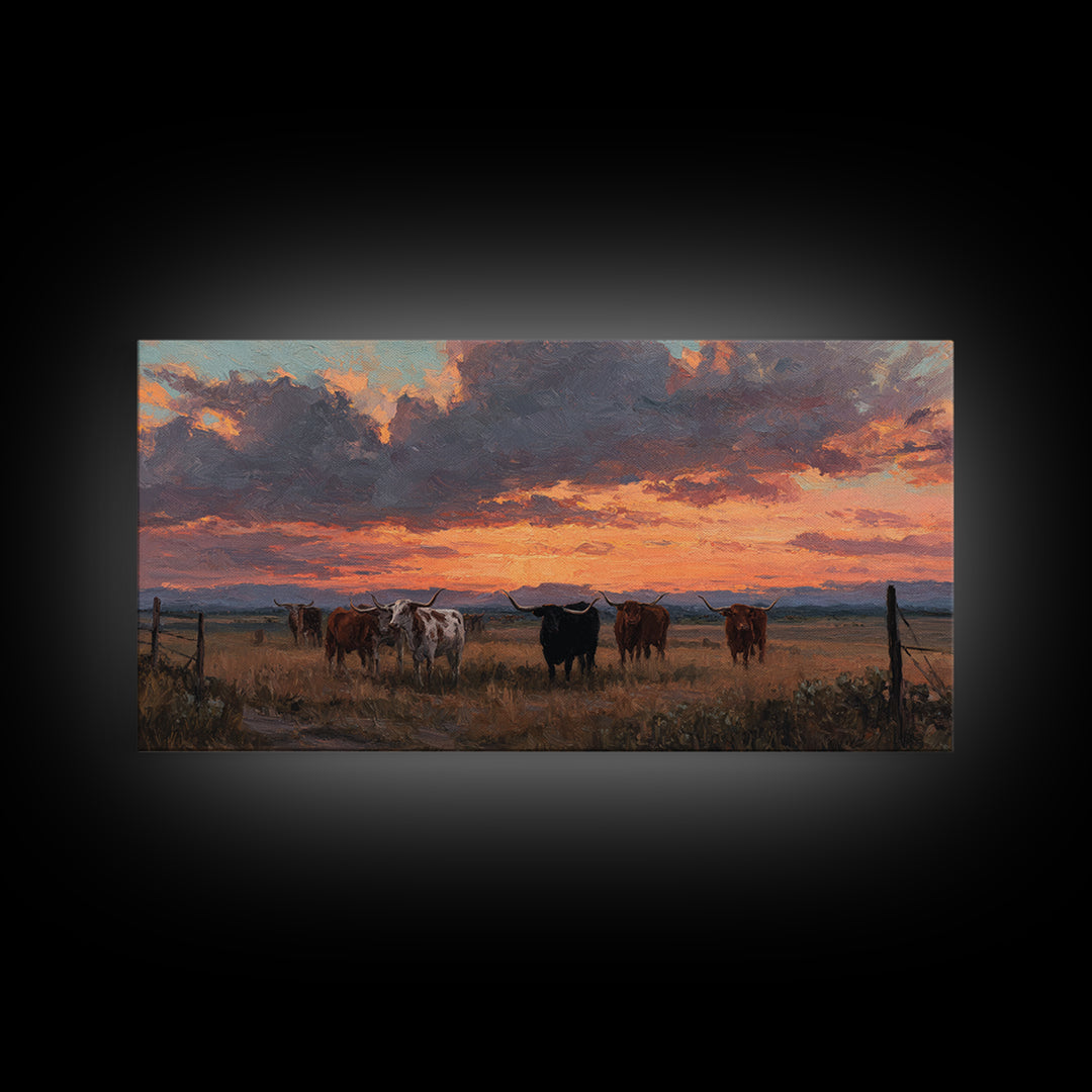 Dramatic Sunset Over Cattle Ranch With Vibrant Sky And Silhouetted Herd Canvas Print Large Wall Art For Rustic Decor