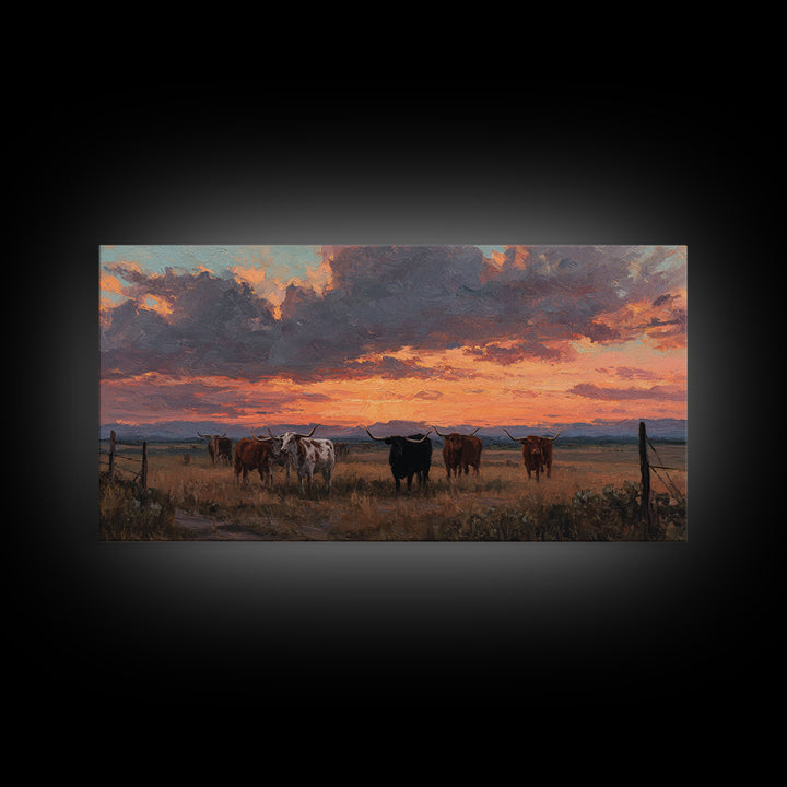Dramatic Sunset Over Cattle Ranch With Vibrant Sky And Silhouetted Herd Canvas Print Large Wall Art For Rustic Decor
