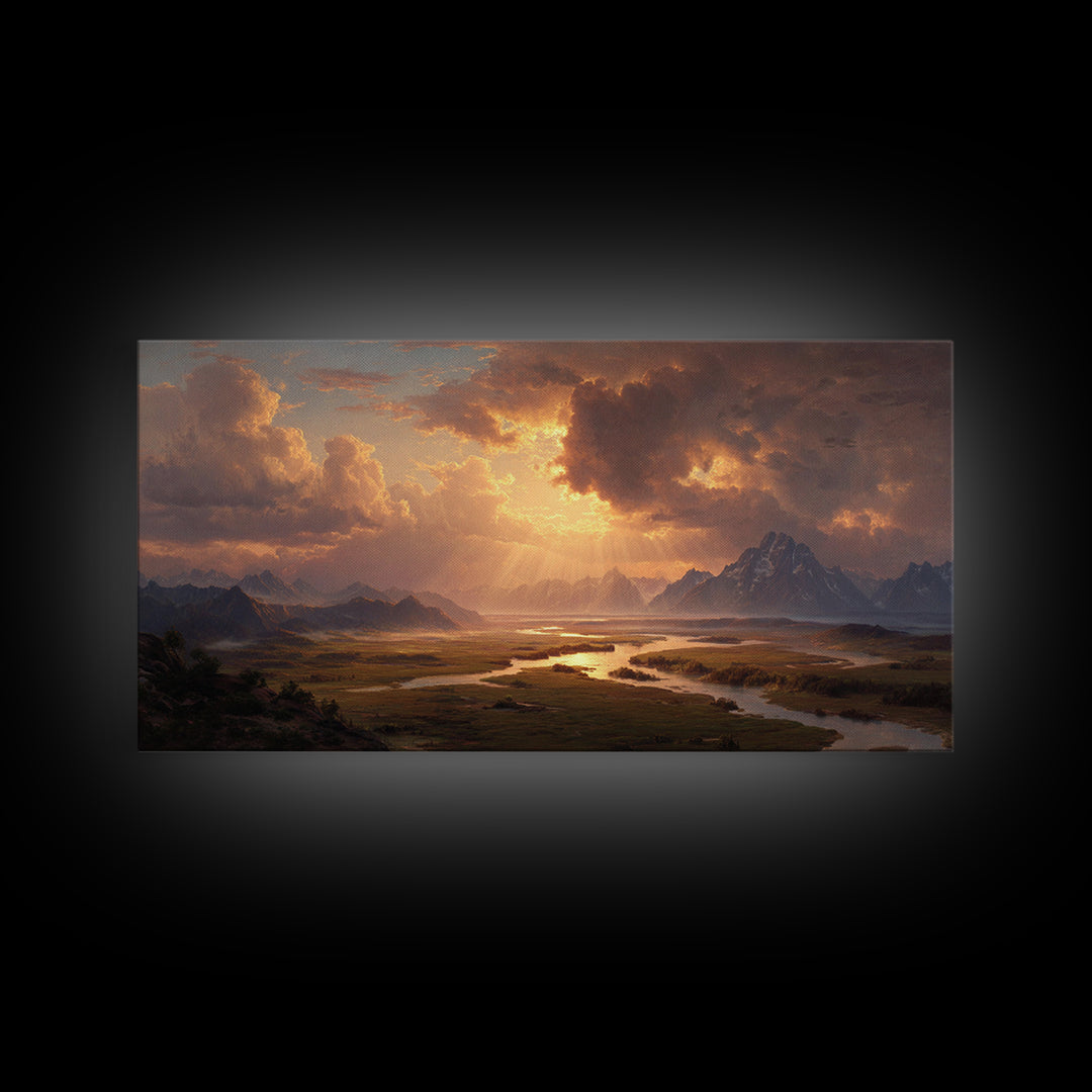 Sunset Mountain River Landscape Wall Art With Warm Golden Light Rays Illuminating Nature For Rustic Home Decor And Large Canvas Print