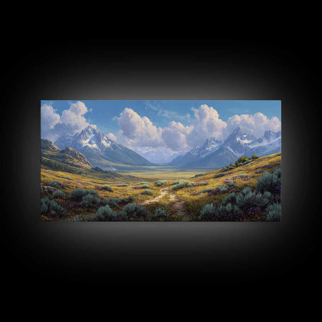 Stunning Realistic Mountain Landscape Painting Canvas Print Featuring Wildflowers And Blue Sky Large Wall Art For Living Room Decor