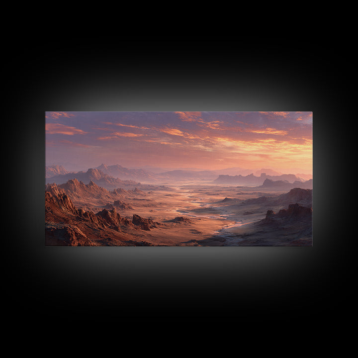 Expansive Desert Canyon Landscape With Warm Sunset Glow Moody Wall Art Framed Canvas Print Suitable For Living Room Decor
