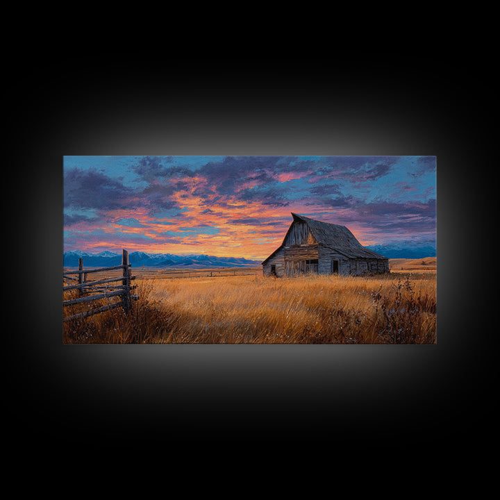 Rustic Barn Landscape Oil Painting With Golden Field And Mountain Background, Large Wall Art Canvas Print For Farmhouse Decor