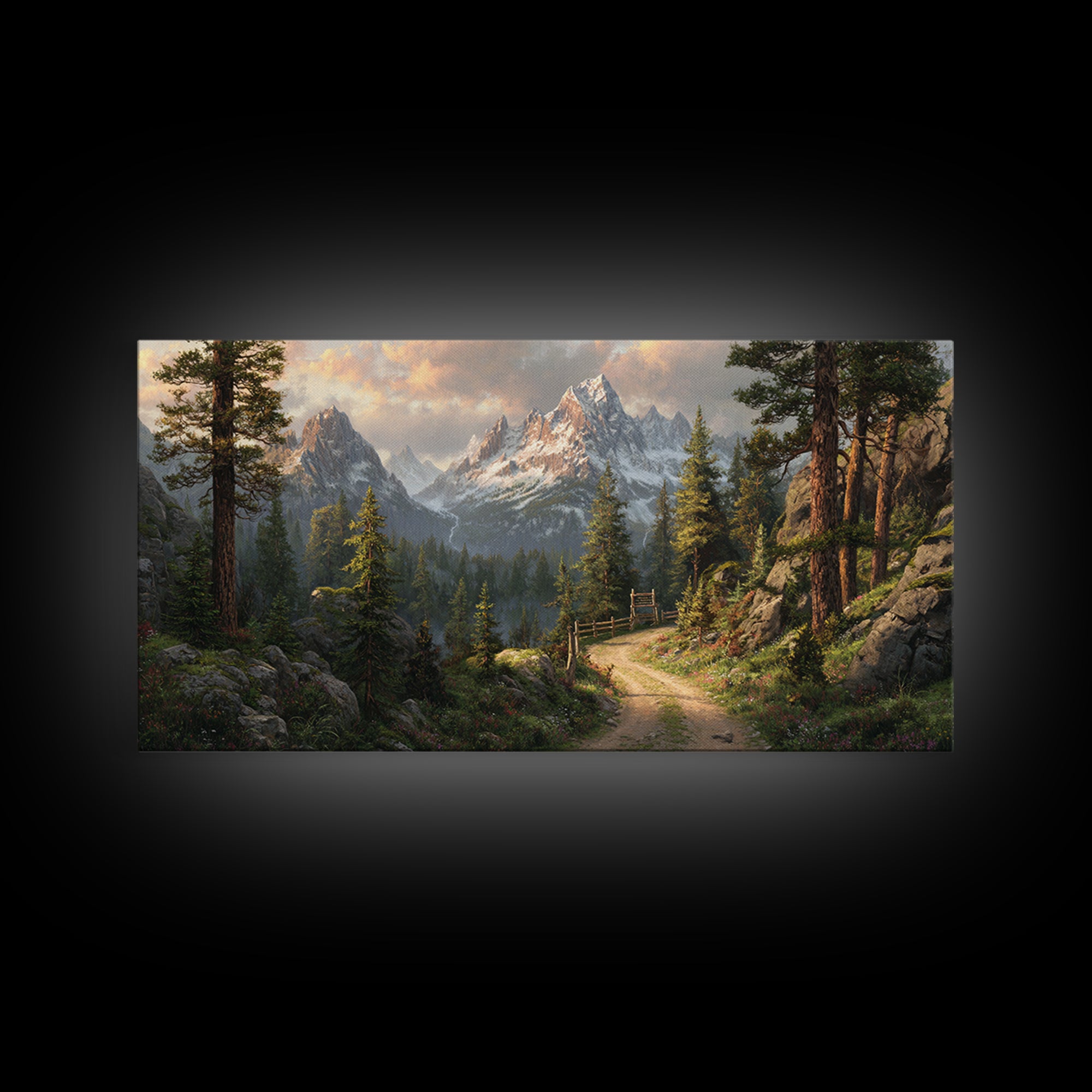 Majestic Mountain Path With Lush Pine Trees Wall Art Framed Canvas Print Landscape Painting For Rustic Home Decor Cabin Art