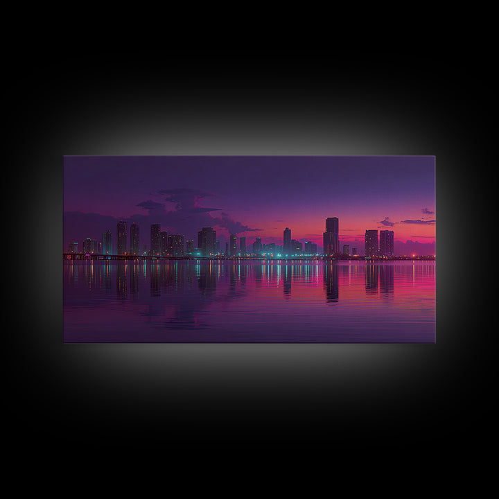 City Skyline At Dusk Stunning Sunset Colors Reflecting On Water Large Wall Art Framed Canvas Print Home Decor