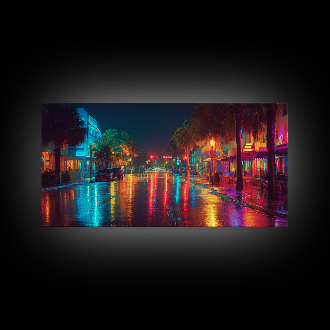 Colorful Night City Street With Neon Lights And Reflections On Wet Pavement Modern Wall Art Print Canvas