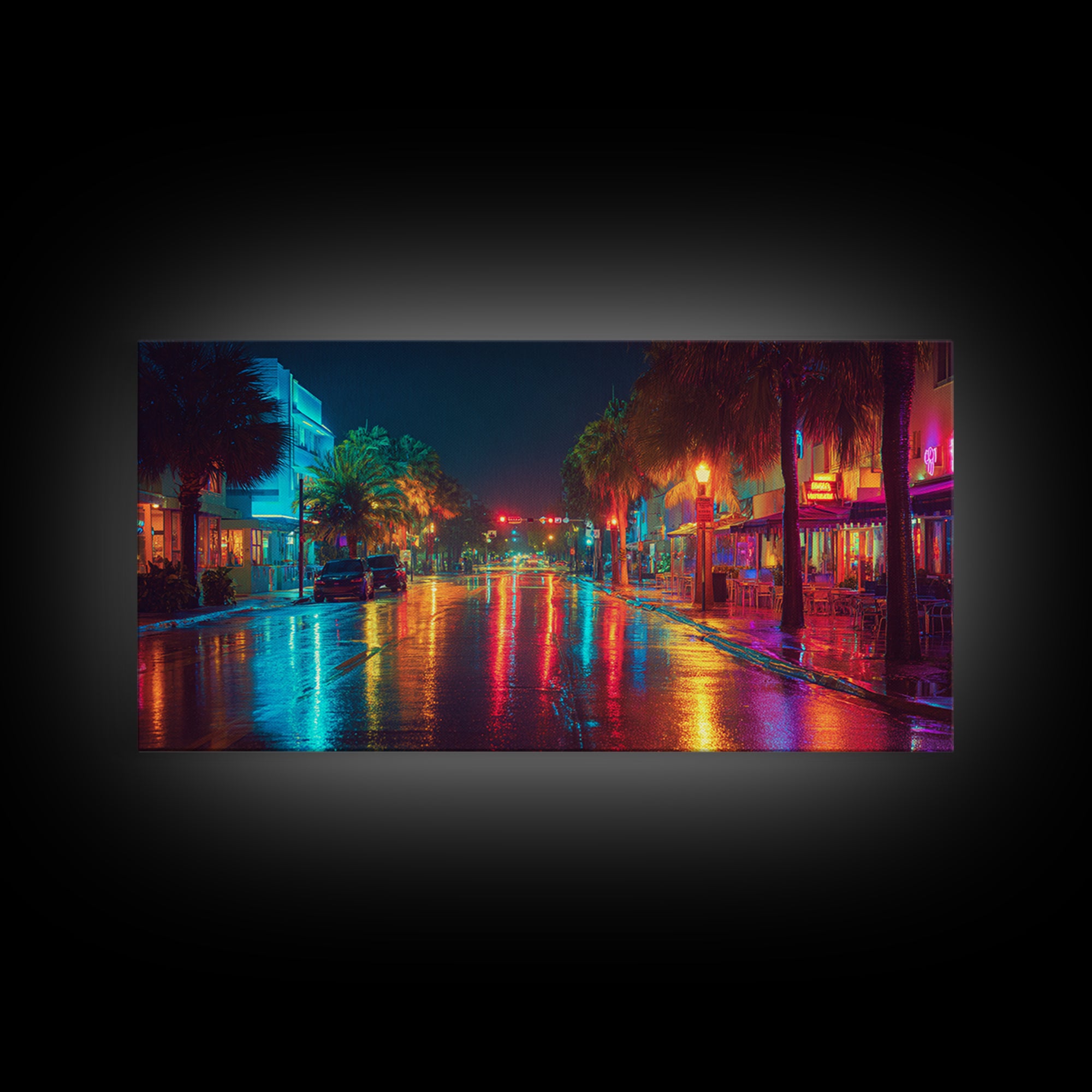 Colorful Night City Street With Neon Lights And Reflections On Wet Pavement Modern Wall Art Print Canvas