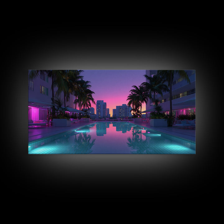 Luxury Modern Miami City Pool Sunset Palm Trees Reflected In Water For Chic Living Room Decor Framed Canvas Print