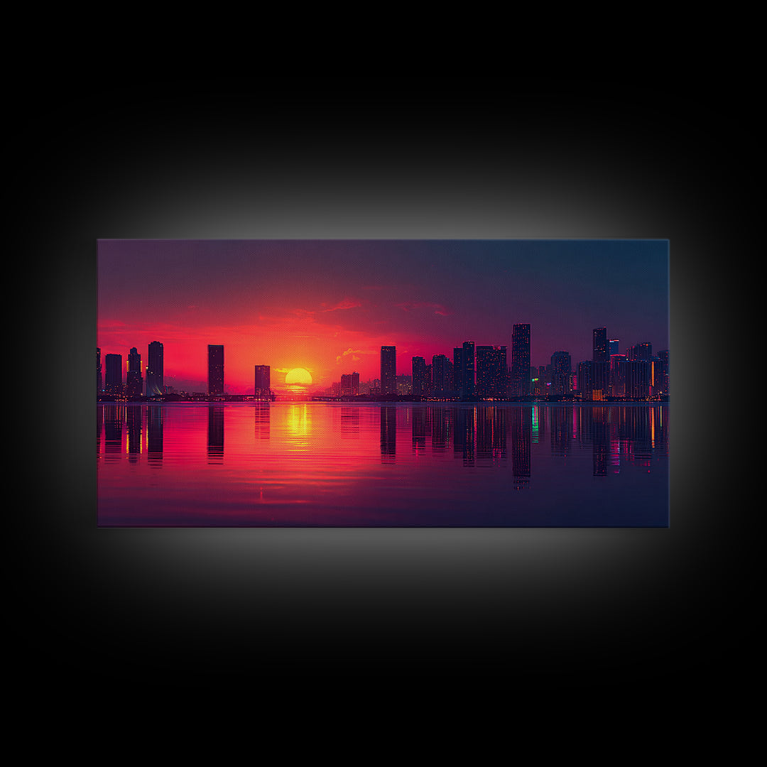 Vibrant Sunset Over City Skyline Reflected On Water Contemporary Wall Art For Living Room Decor Framed Canvas Print With Modern Home Decor Appeal