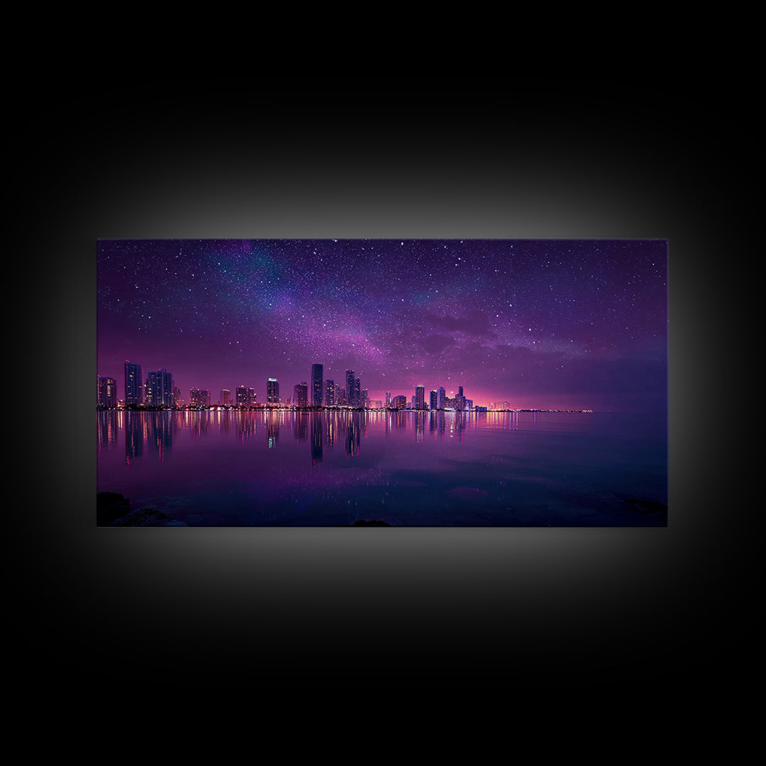 Vibrant Neon Purple City Skyline At Night With Starry Sky Reflections Wall Art Modern Wall Decor Canvas Print