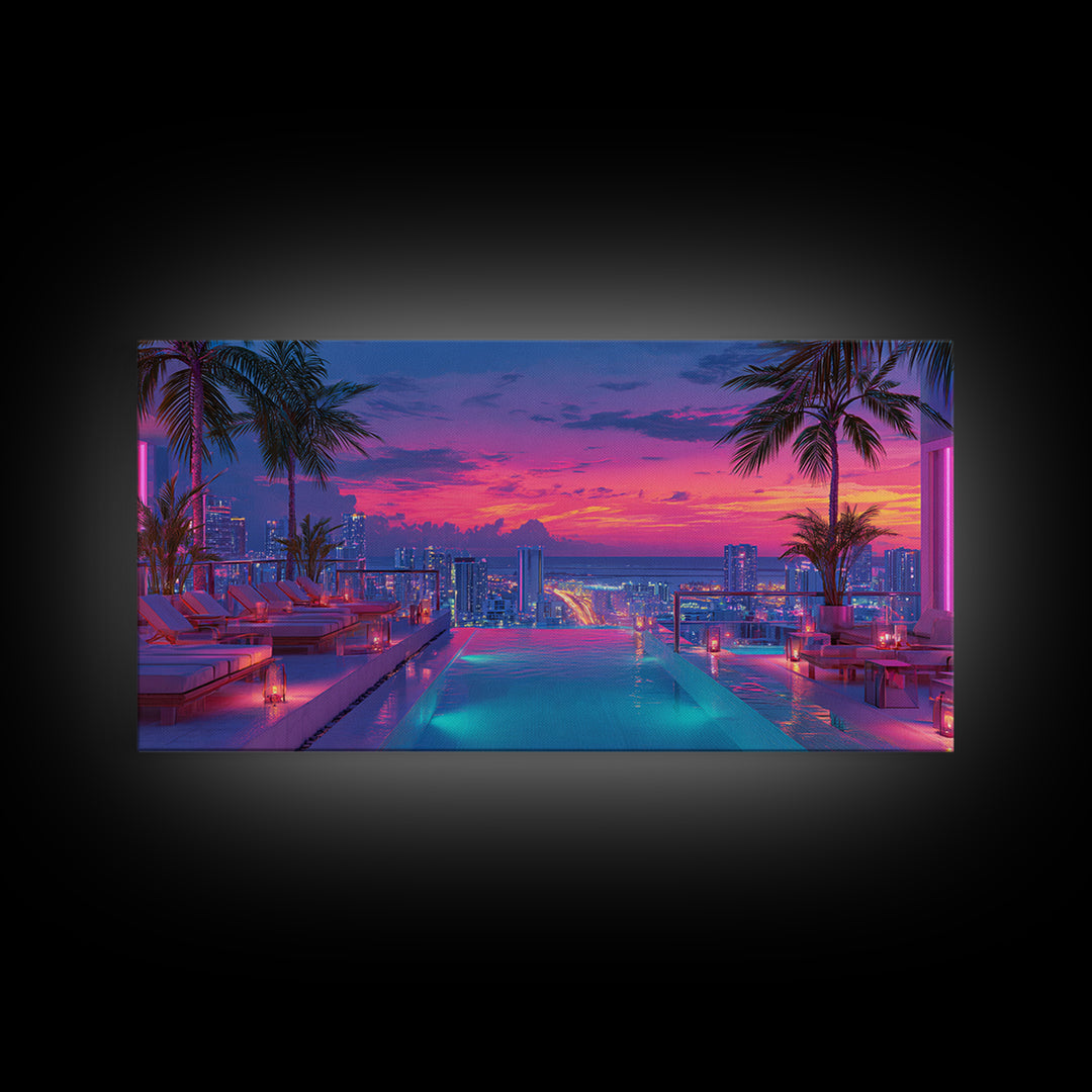 Vibrant Sunset Rooftop Pool Scene With Palm Trees And Cityscape Background Wall Art For Home Decor Framed Canvas Print