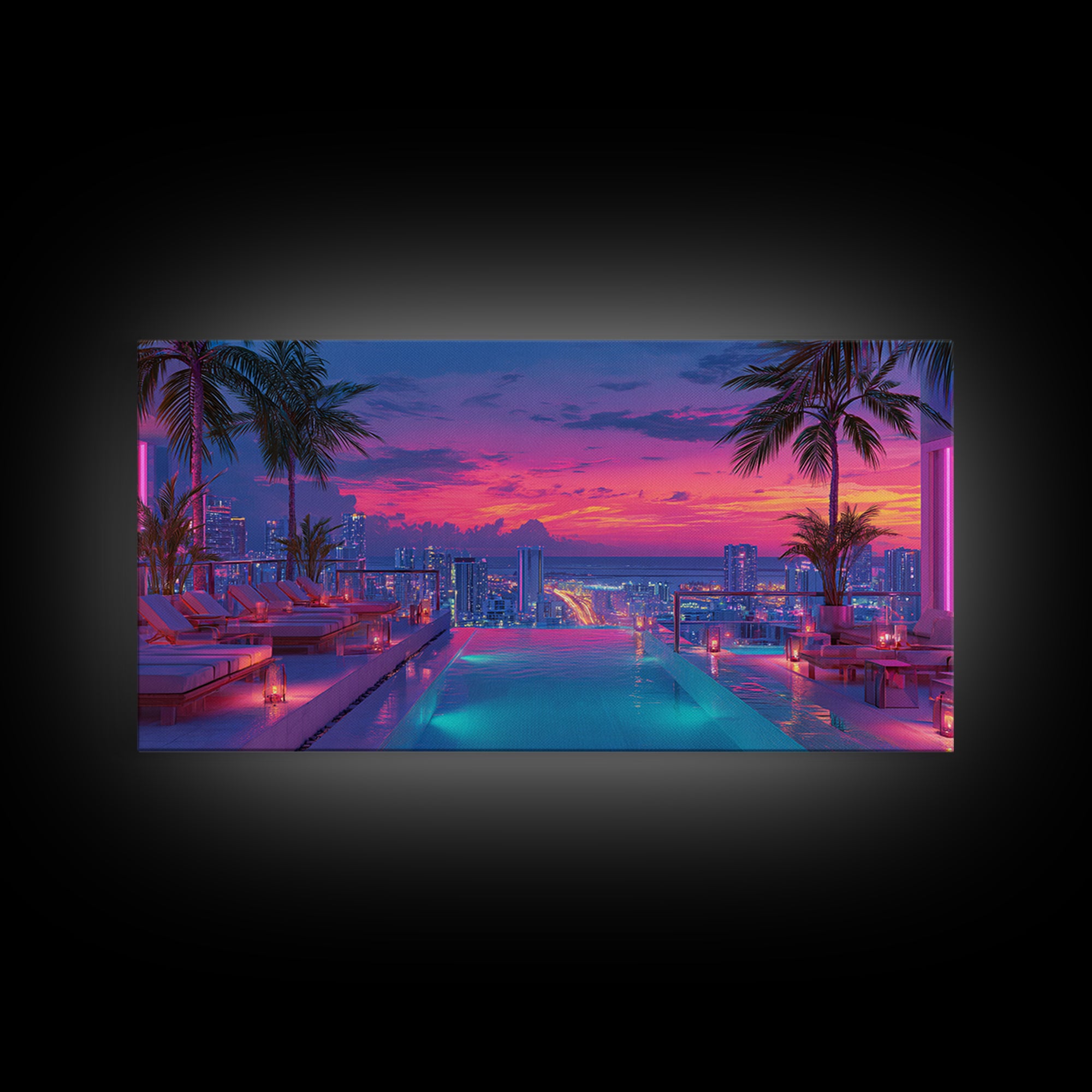 Vibrant Sunset Rooftop Pool Scene With Palm Trees And Cityscape Background Wall Art For Home Decor Framed Canvas Print