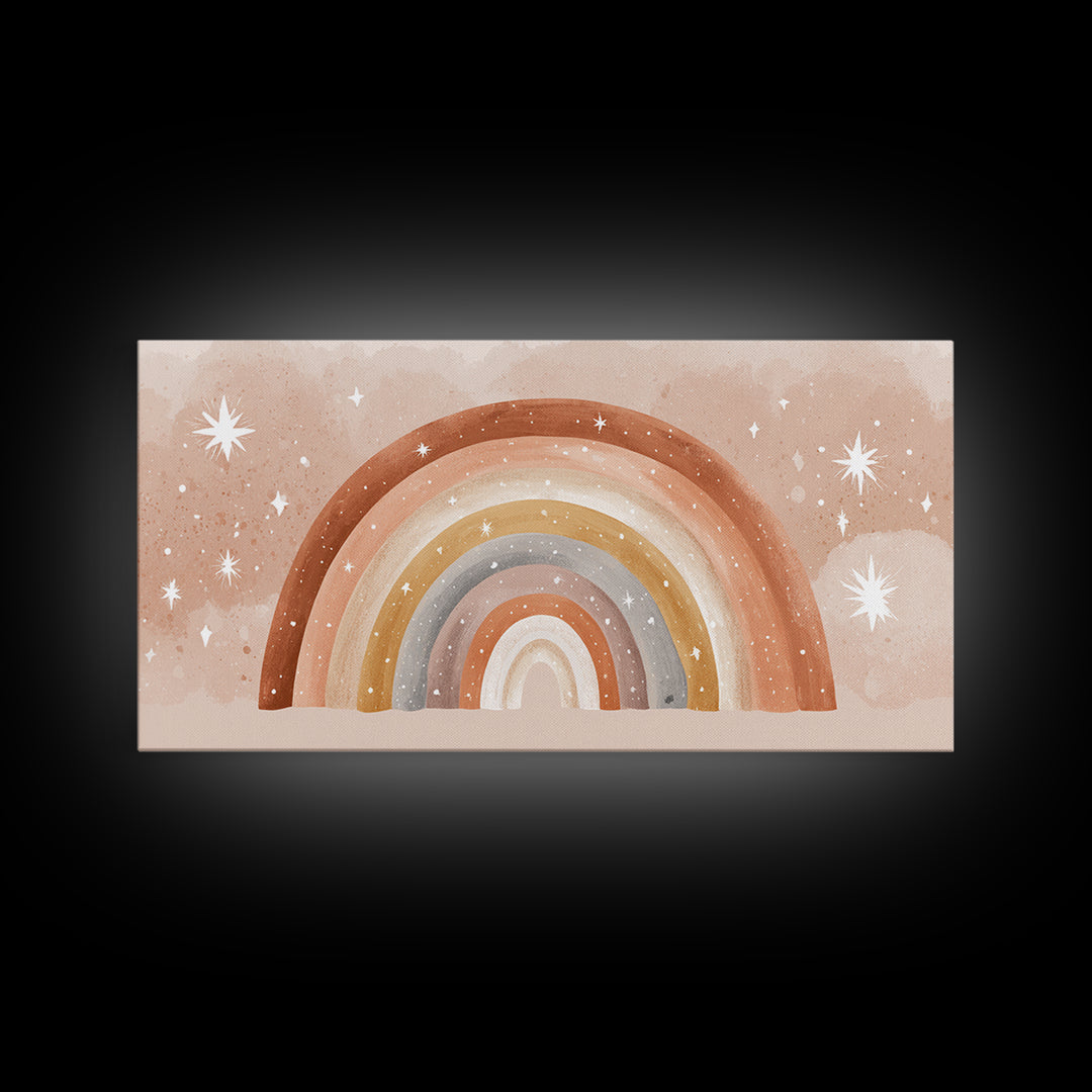 Starry Watercolor Rainbow Wall Art, Pastel Nursery Decor, Kids Room Wall Art, Boho Prints, Baby Shower Gift, Framed Canvas Print