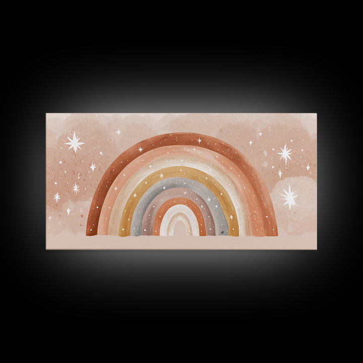 Starry Watercolor Rainbow Wall Art, Pastel Nursery Decor, Kids Room Wall Art, Boho Prints, Baby Shower Gift, Framed Canvas Print