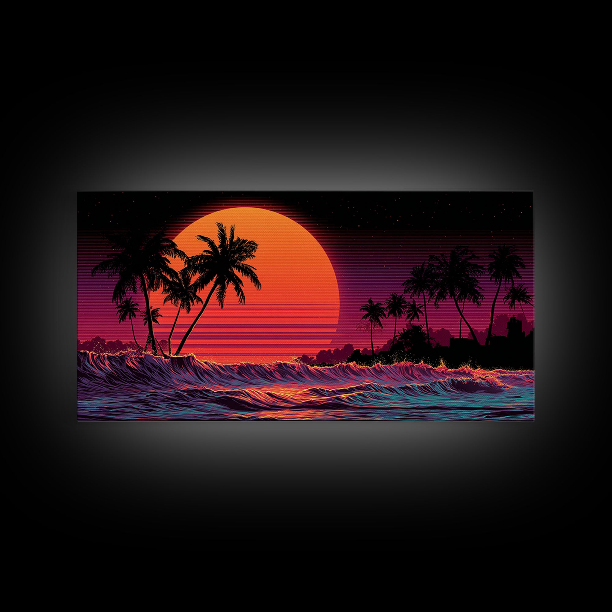 Retro Sunset Palm Trees Digital Art Canvas Print Wall Art Living Room Decor Tropical Beach Scene Large Framed Canvas Print Home Decor