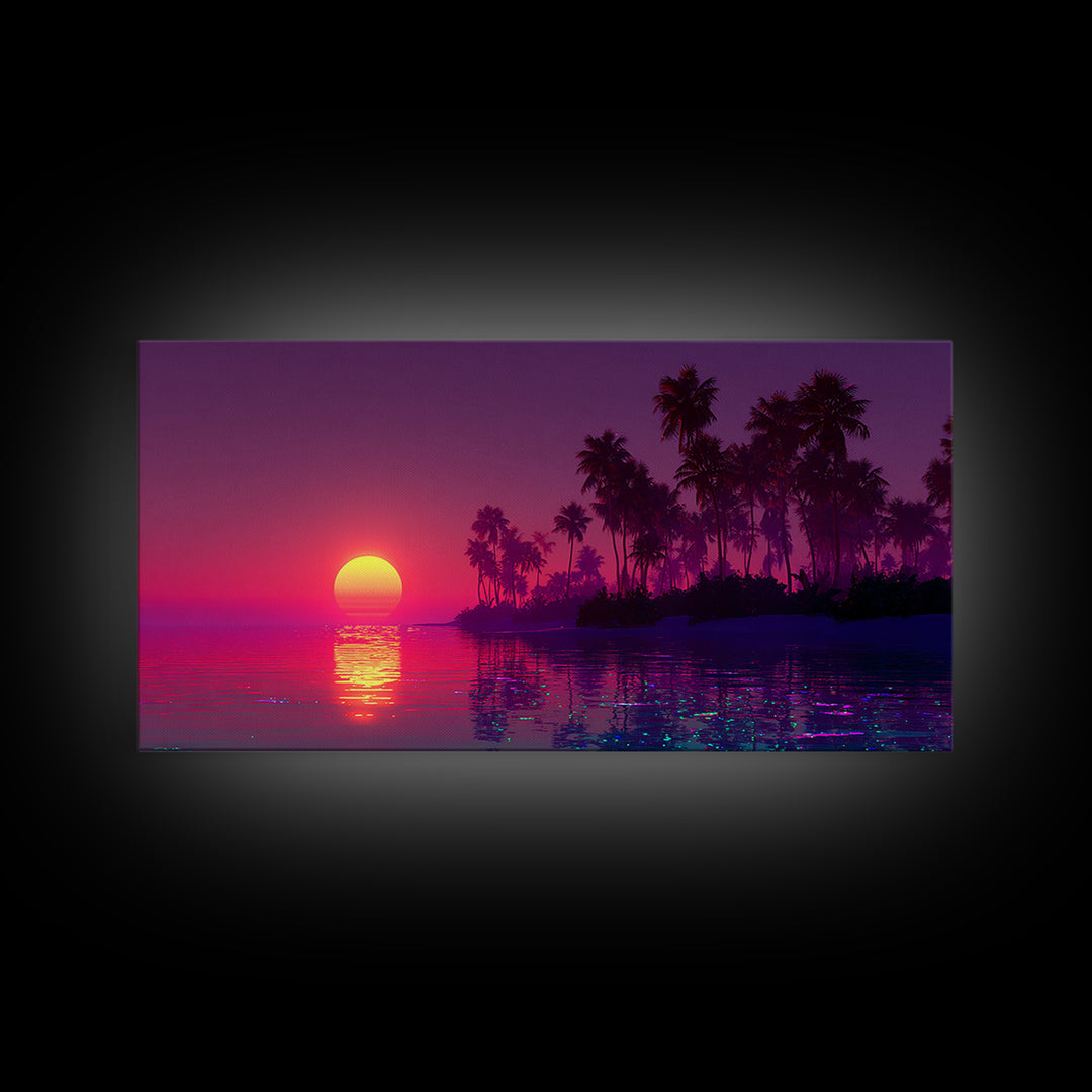 Tropical Sunset Beach Scene With Palm Trees Framed Canvas Print, Vibrant Coastal Wall Art For Living Room And Tropical Home Decor