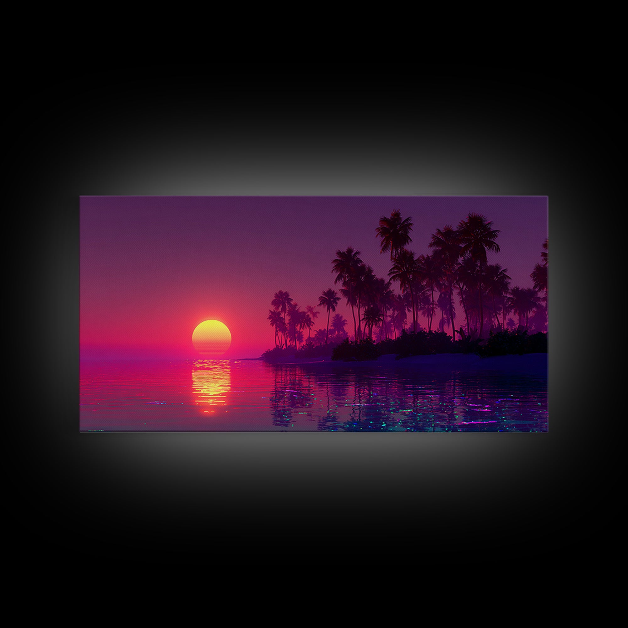 Tropical Sunset Beach Scene With Palm Trees Framed Canvas Print, Vibrant Coastal Wall Art For Living Room And Tropical Home Decor