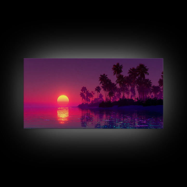 Tropical Sunset Beach Scene With Palm Trees Framed Canvas Print, Vibrant Coastal Wall Art For Living Room And Tropical Home Decor