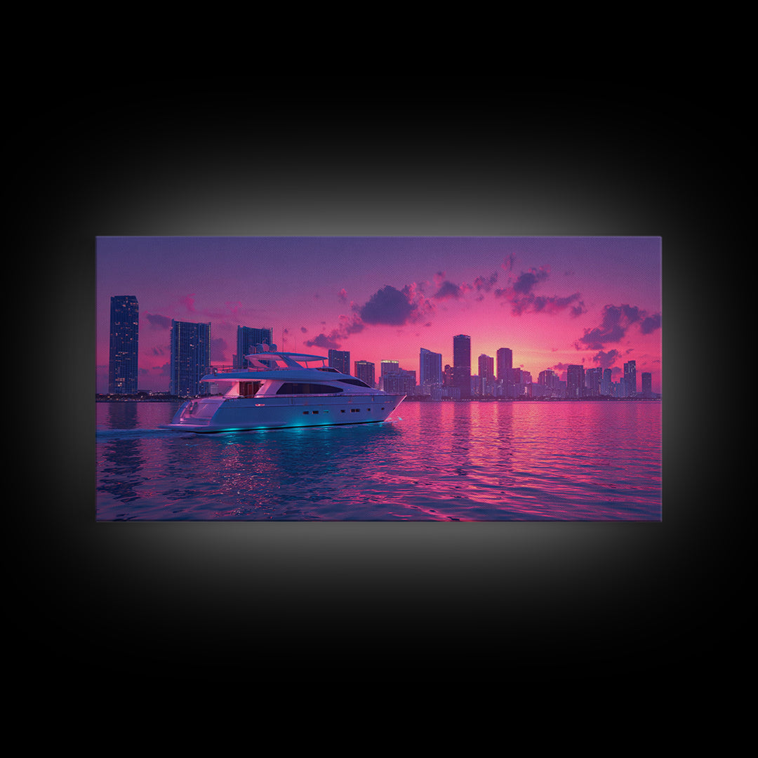 Luxury Yacht Sailing At Vibrant Pink Sunset Skyline With Modern Cityscape Featured As Wall Art For Home Decor