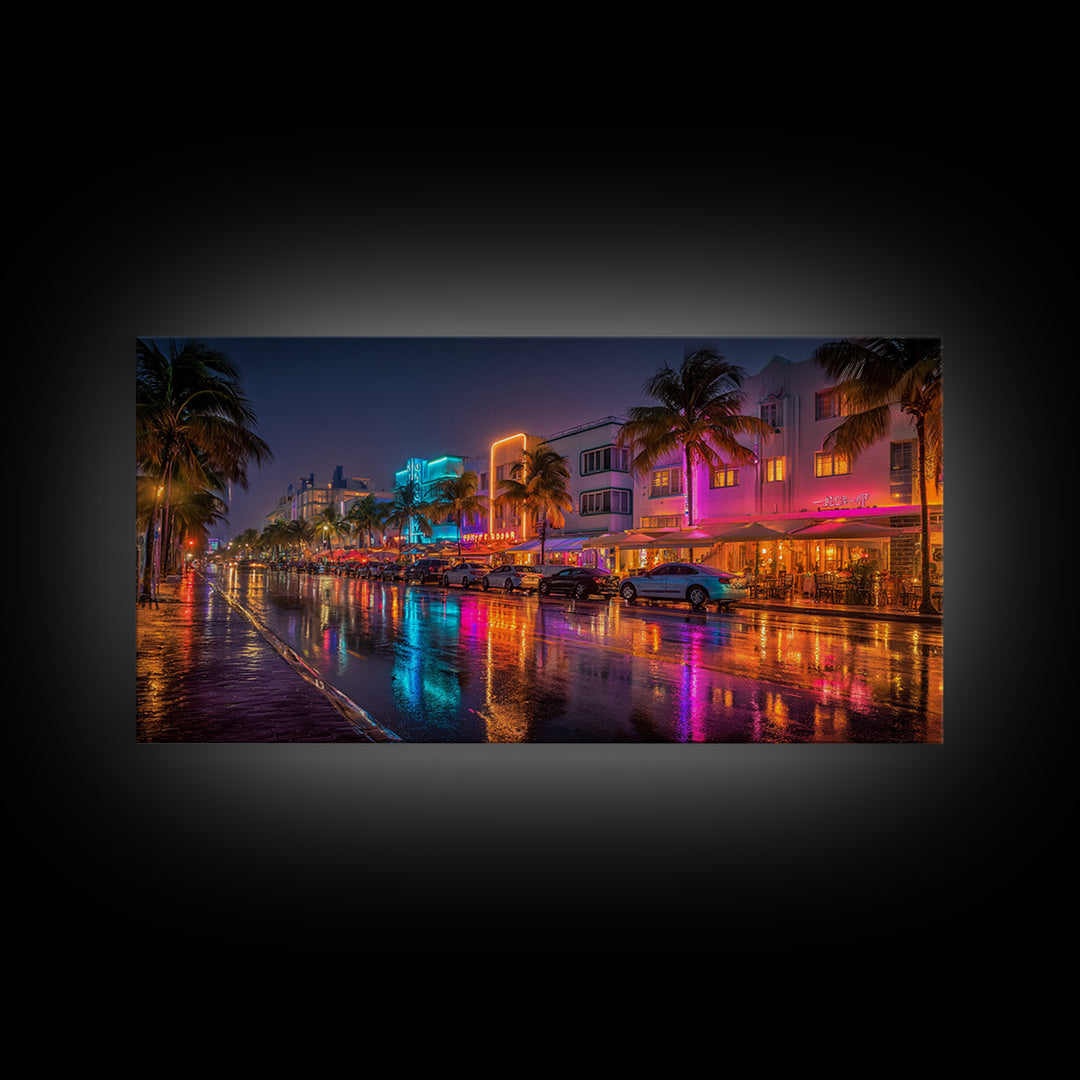 Neon City Night Street Scene Vibrant Urban Wall Art Canvas Print Modern Home Decor Living Room Art