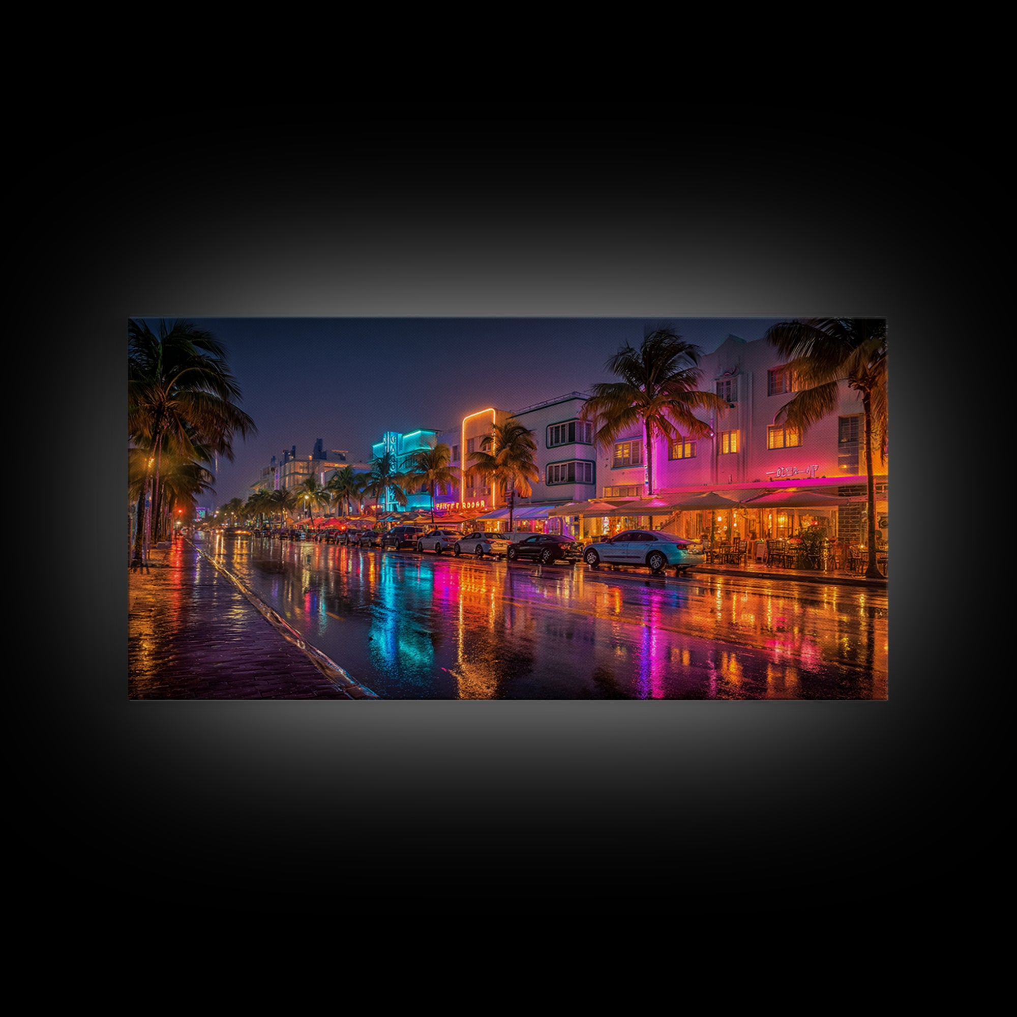 Neon City Night Street Scene Vibrant Urban Wall Art Canvas Print Modern Home Decor Living Room Art