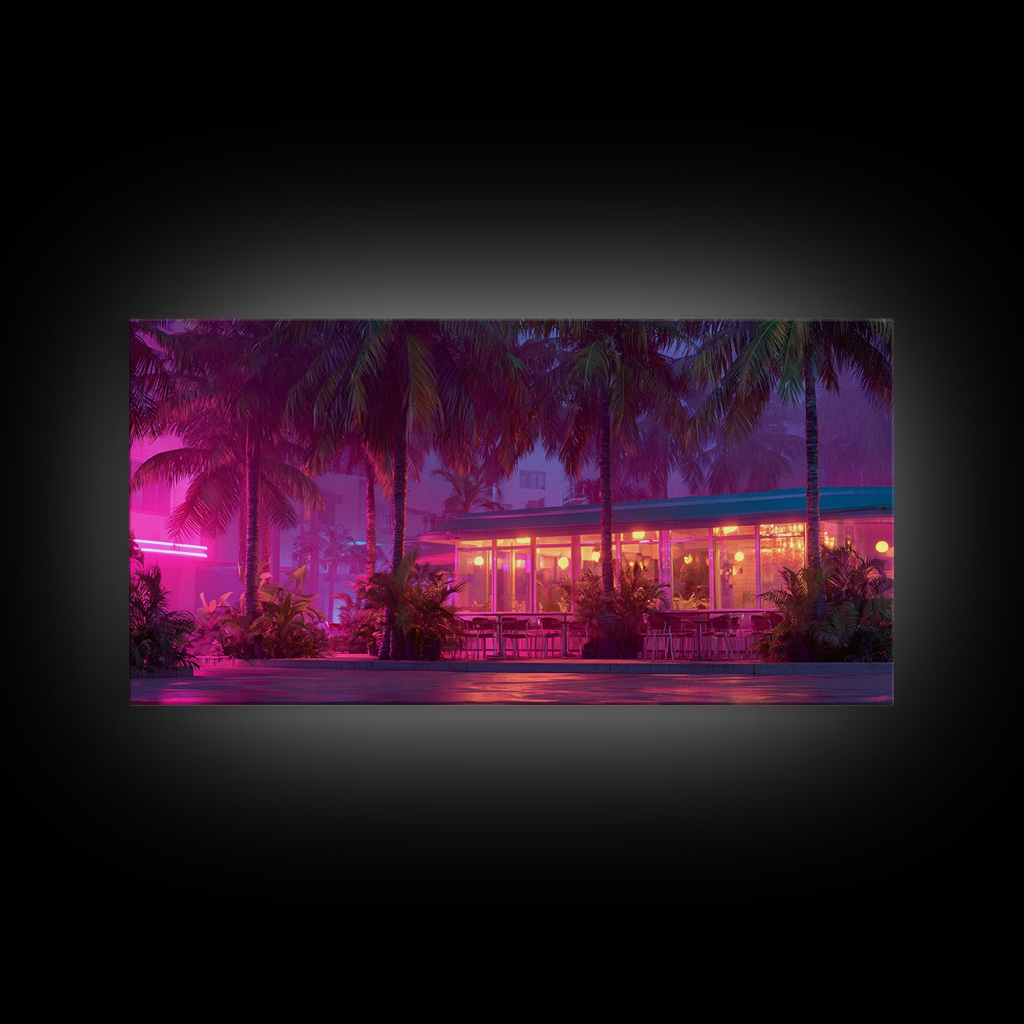 Vibrant Neon Lit Tropical Cafe At Night Palm Trees Retro Miami Style Wall Art Prints For Home Decor