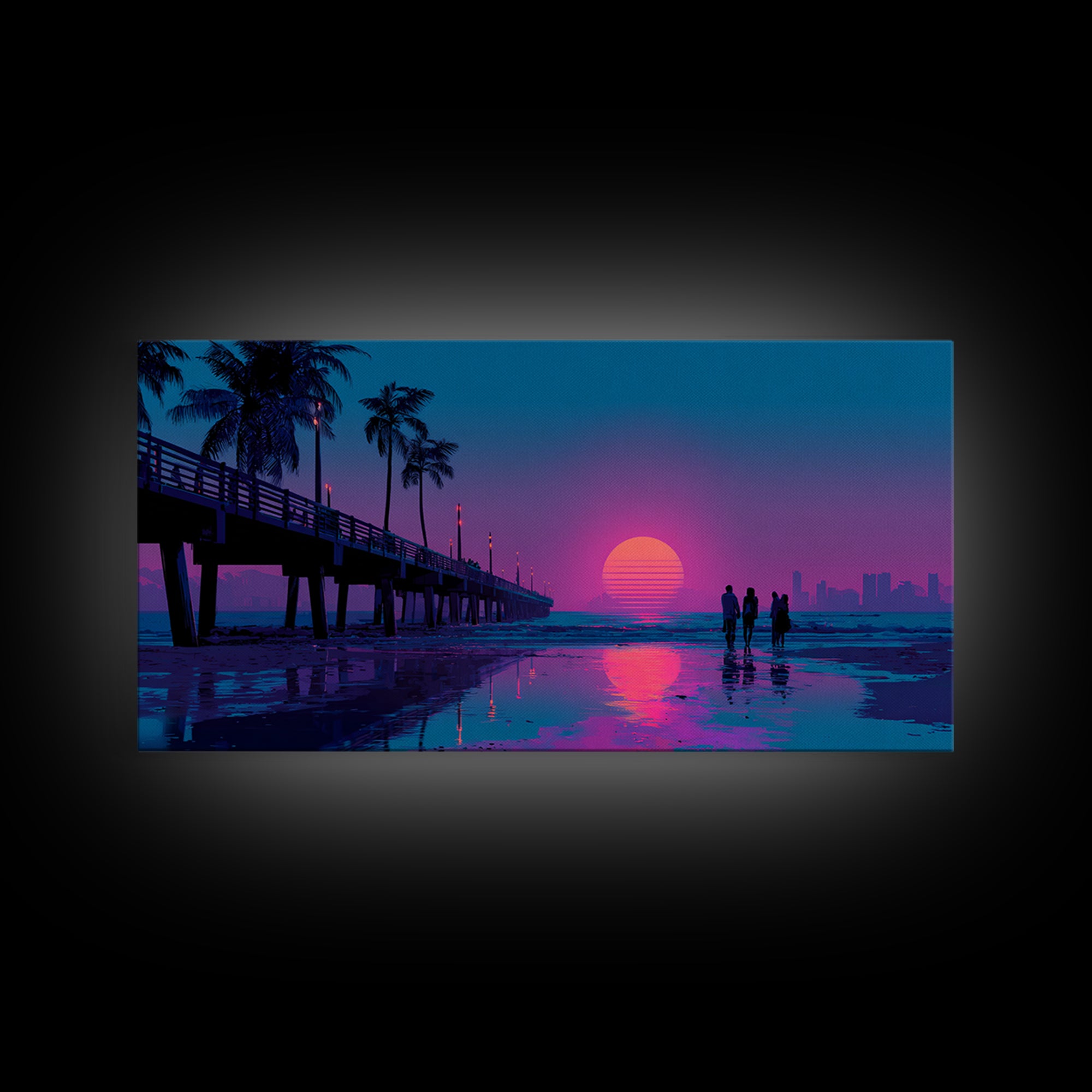 Vibrant Neon Sunset Beach Scene With Silhouettes Of People Framed Canvas Print Coastal Wall Art For Modern Living Room And Bedroom Decor