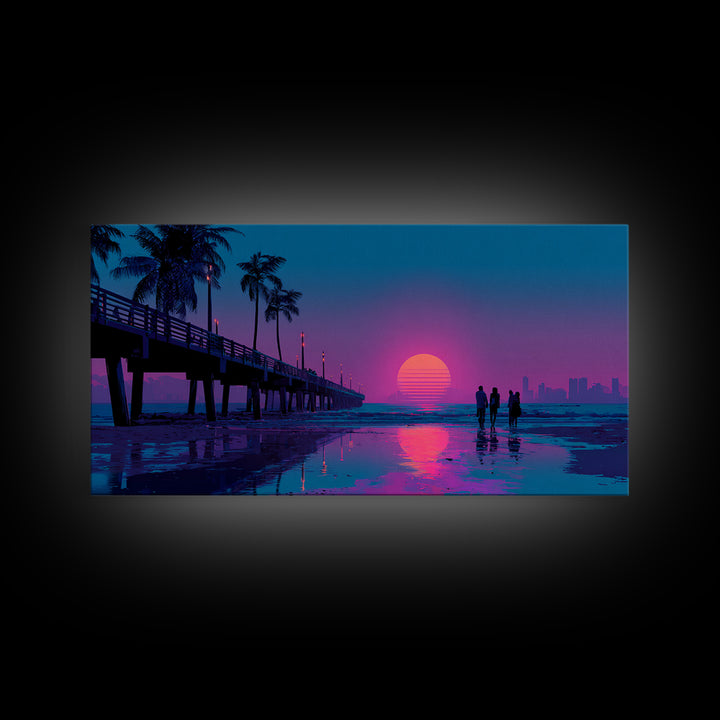 Vibrant Neon Sunset Beach Scene With Silhouettes Of People Framed Canvas Print Coastal Wall Art For Modern Living Room And Bedroom Decor