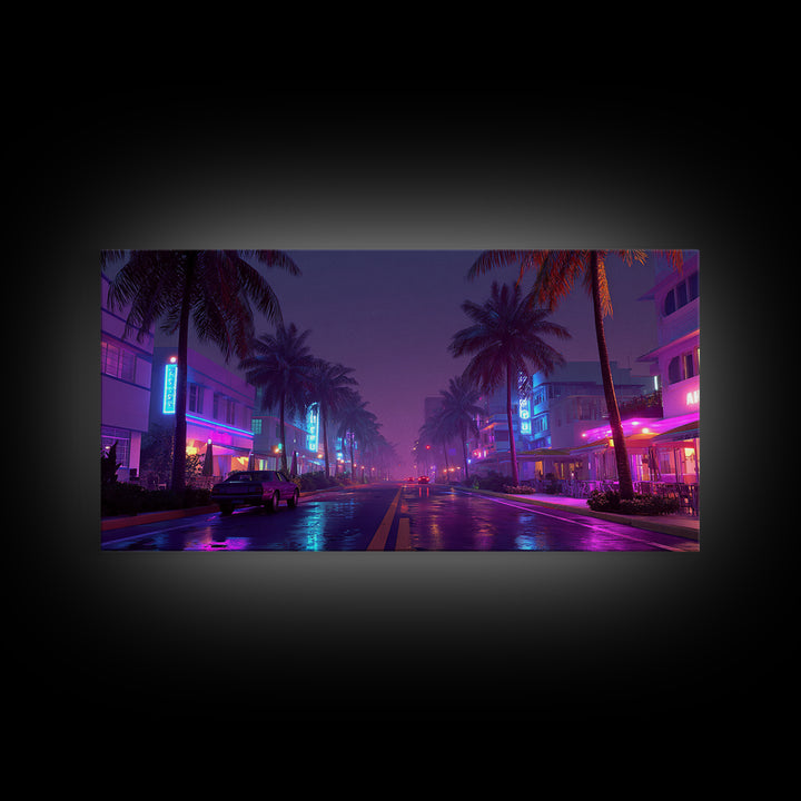 Night City Street Scene With Neon Lights And Palm Trees, Framed Canvas Print For Retro Wall Art And Miami Home Decor