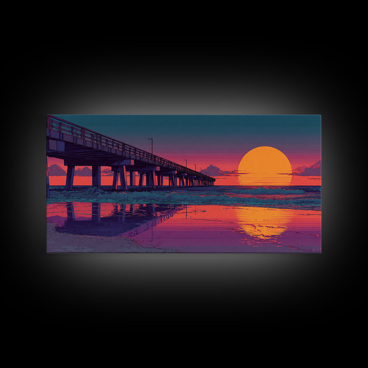 Sunset Pier Over Calm Ocean Waves Vibrant Pink Purple Beach Scene Wall Art Framed Canvas Print Coastal Home Decor
