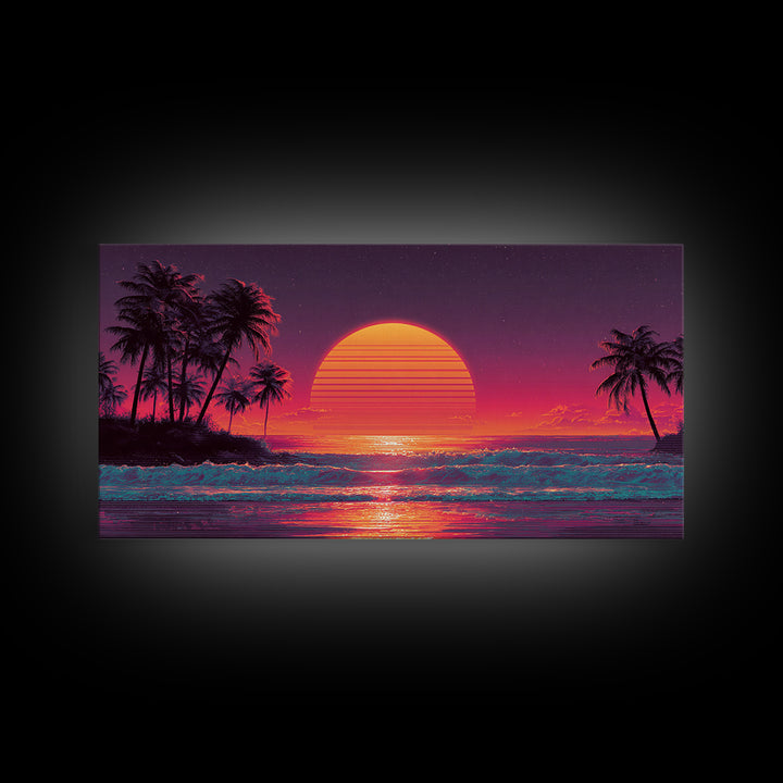 Vibrant Retro Sunset Tropical Beach Scene Digital Art Print Wall Art Framed Canvas Print Coastal Home Decor