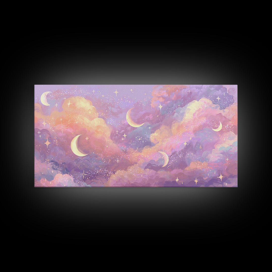 Pastel Crescent Moon Cloud Wall Art, Celestial Wall Art, Dreamy Nursery Decor, Whimsical Decor, Pink Bedroom Art, Canvas Print