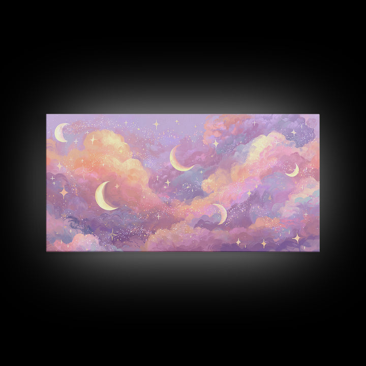 Pastel Crescent Moon Cloud Wall Art, Celestial Wall Art, Dreamy Nursery Decor, Whimsical Decor, Pink Bedroom Art, Canvas Print