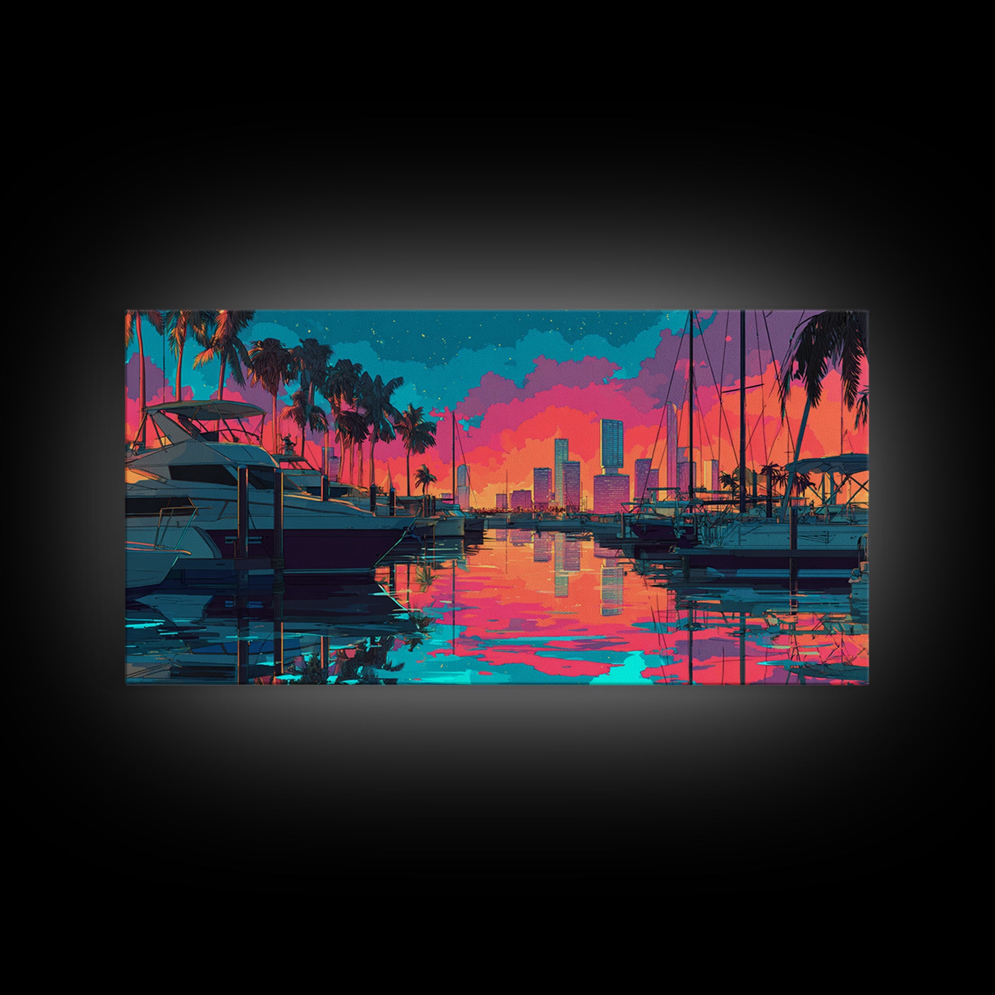 Colorful Harbor Scene With Boats Palm Trees And Sunset Sky Vibrant Contemporary Wall Art Canvas Print