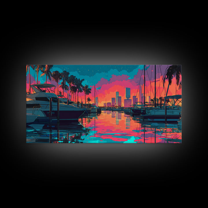 Colorful Harbor Scene With Boats Palm Trees And Sunset Sky Vibrant Contemporary Wall Art Canvas Print