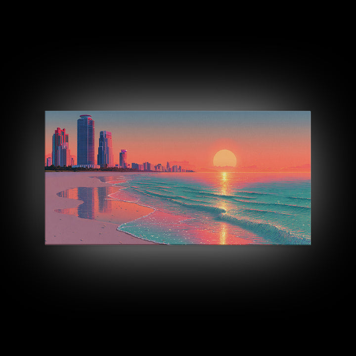 Vibrant Sunset Over Modern Coastal City Beach With Reflective Waves Wall Art Framed Canvas Print For Home Decor
