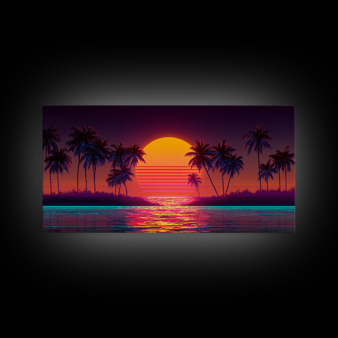 Retro Sunset Beach Palm Trees Digital Art Print Vibrant Coastal Wall Art Canvas Print Modern Boho Decor
