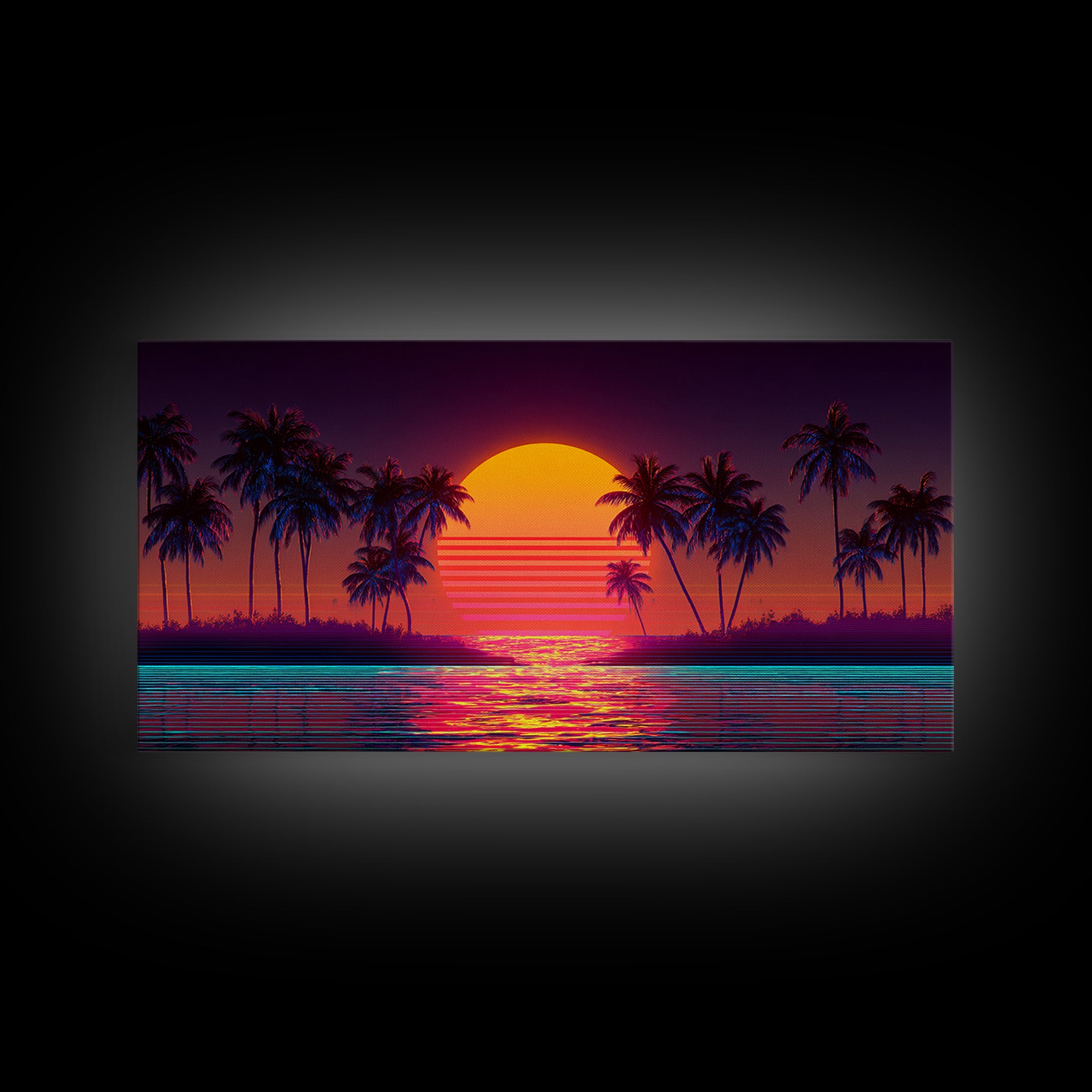 Retro Sunset Beach Palm Trees Digital Art Print Vibrant Coastal Wall Art Canvas Print Modern Boho Decor