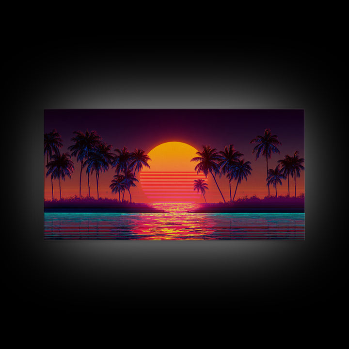 Retro Sunset Beach Palm Trees Digital Art Print Vibrant Coastal Wall Art Canvas Print Modern Boho Decor