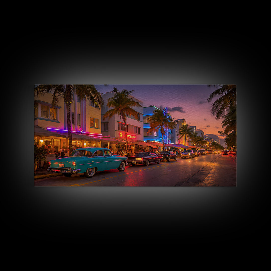 Vintage Urban Miami Beach Scene At Sunset With Classic Cars And Palm Trees Wall Art Canvas Print