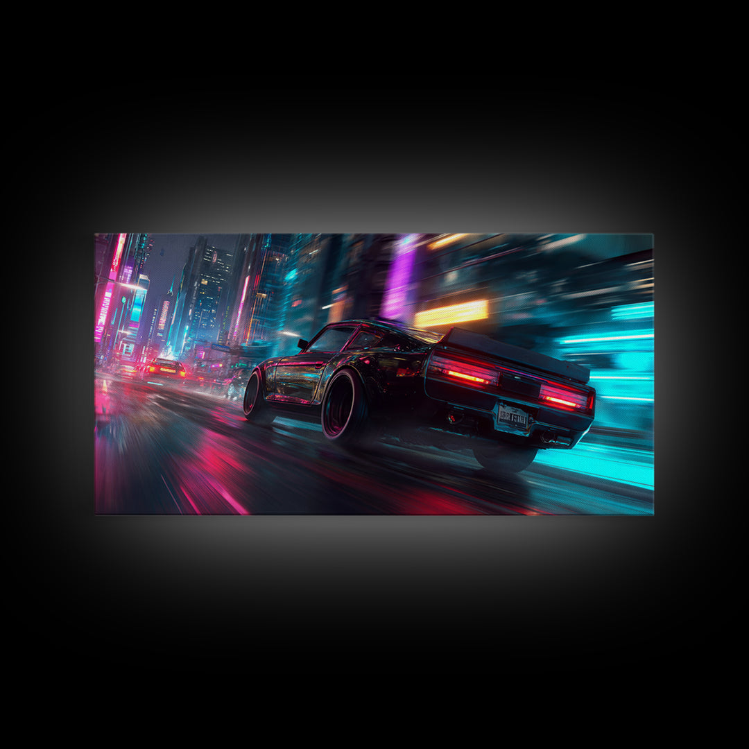 Neon Lit Sports Car Racing Down City Street At Night Featuring Vibrant Pink And Blue Modern Wall Art For Car Fans