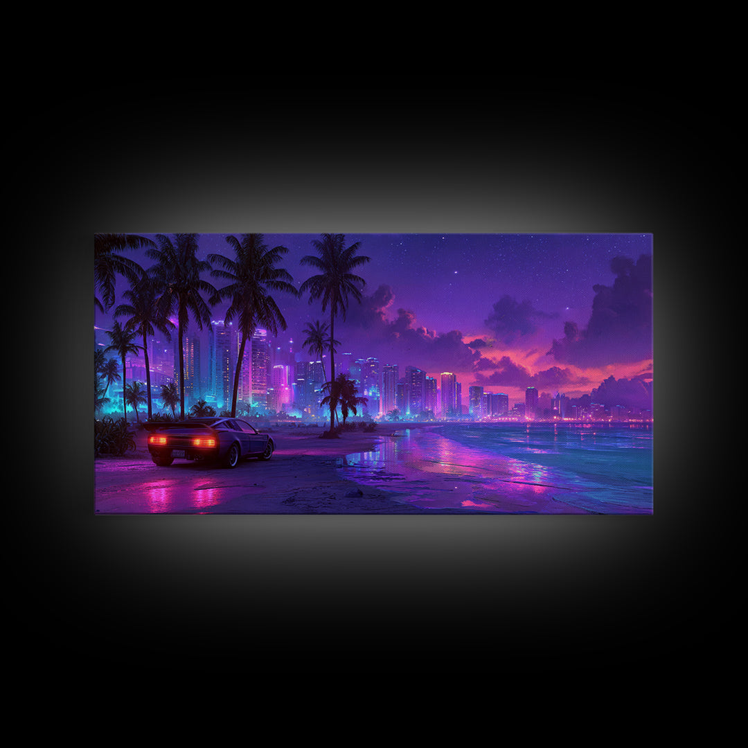 Cyberpunk Cityscape Night Scene With Neon Lights And Sports Car Modern Digital Art Canvas Print For Trendy Wall Art Home Decor