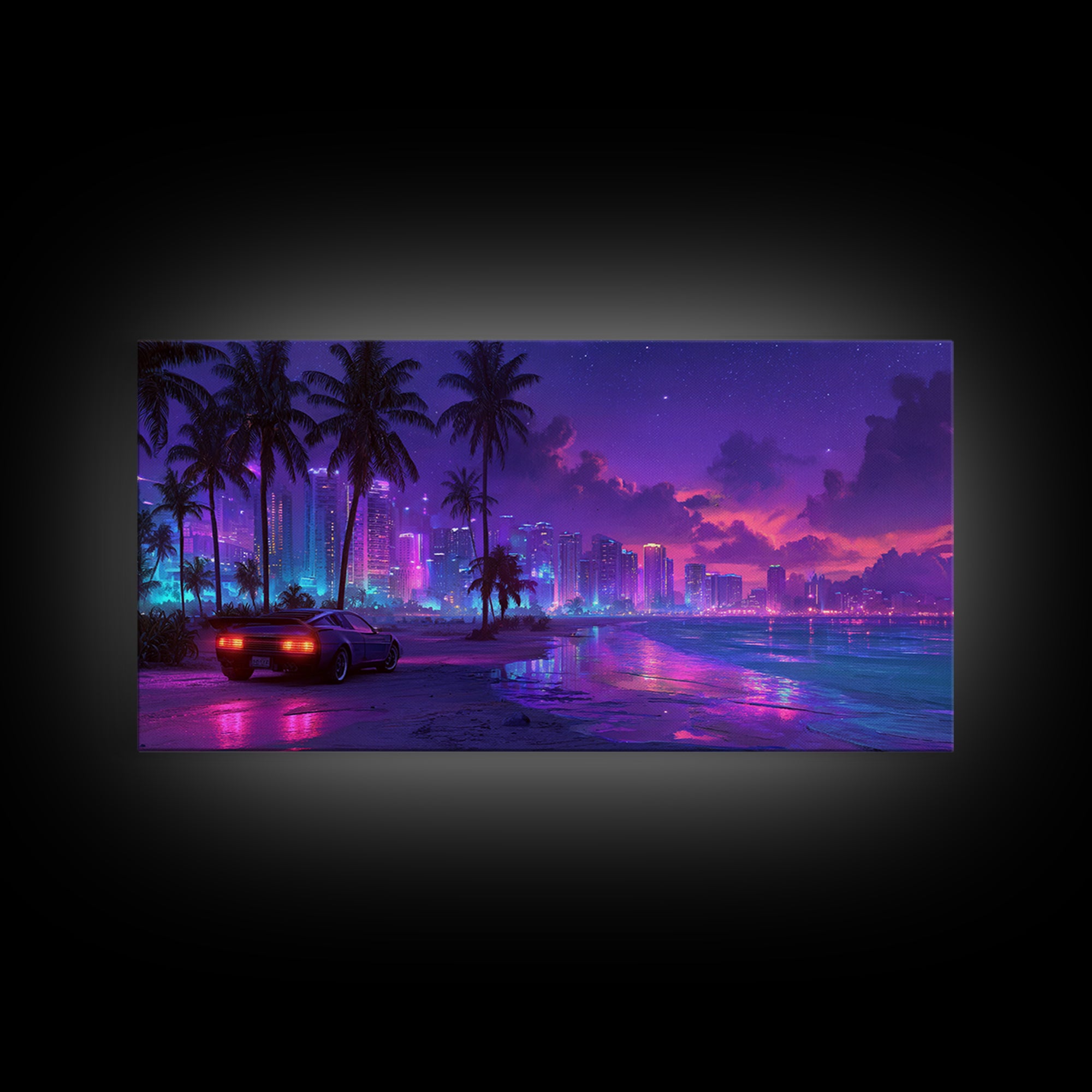 Cyberpunk Cityscape Night Scene With Neon Lights And Sports Car Modern Digital Art Canvas Print For Trendy Wall Art Home Decor