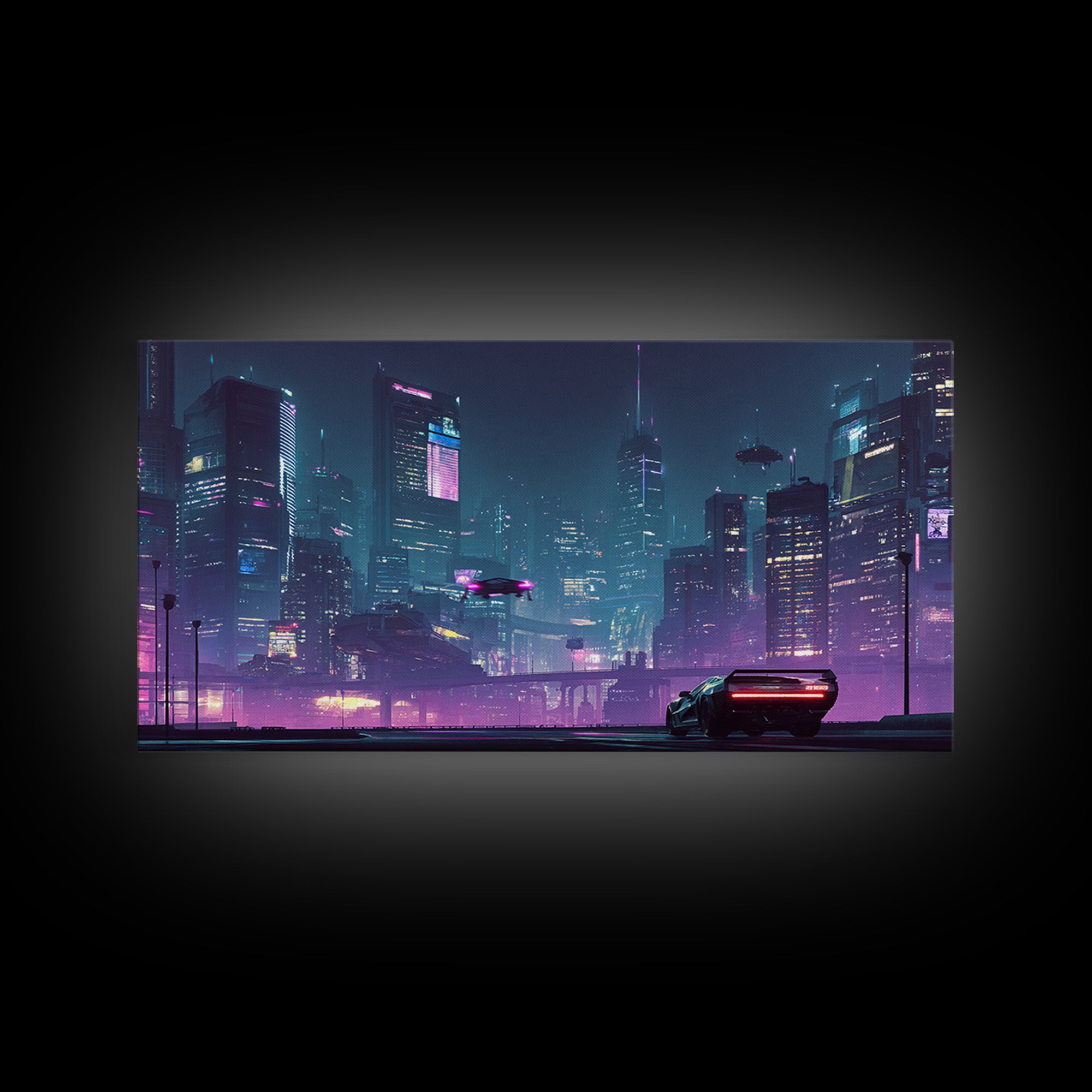 Futuristic Cyberpunk Cityscape At Night With Neon Lights And Hover Cars Wall Art, Vibrant Canvas Print For Modern Living Room Decor